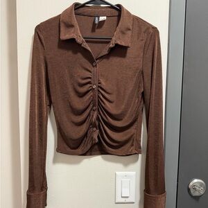 H&M Brown Ruched Button-Down Shirt